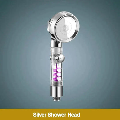 Rose gold high pressure shower head with filter featuring a silver transparent body and purple spiral for enhanced shower experience