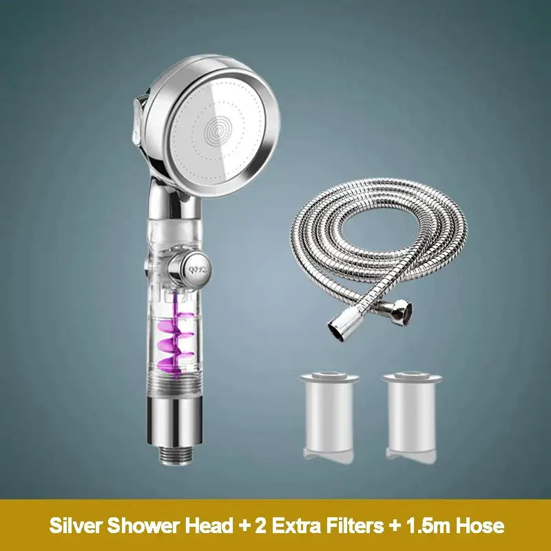 Rose gold high pressure shower head with transparent purple spiral filter and chrome-finished pressure shower head accents