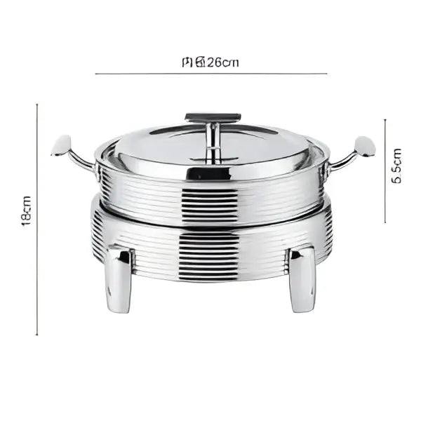 Rose gold ribbed stainless steel double-tiered hot pot alcohol chafing dish with lid handles and three sturdy feet