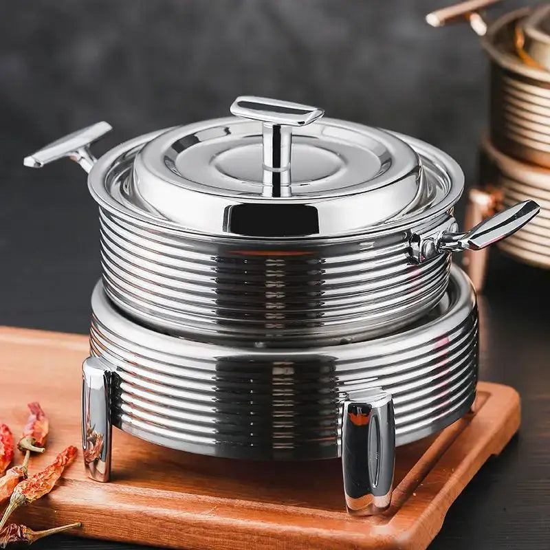 Rose gold ribbed hot pot alcohol set stainless steel tiered serving dish with sleek handles and matching lid