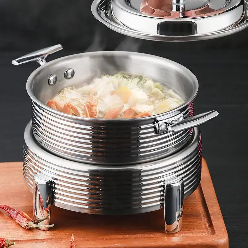 Rose gold ribbed hot pot alcohol set stainless steel double-tiered steamer with polished handles steaming vegetables