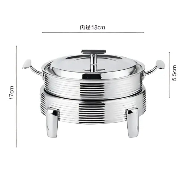 Rose gold stainless steel double-tiered hot pot alcohol chafing dish with ribbed sides and three sturdy feet