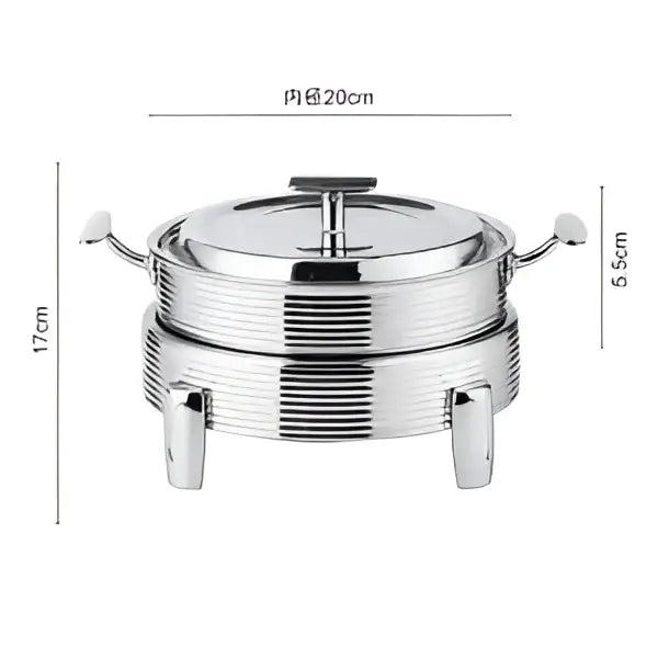 Stainless steel rose gold ribbed double-tiered hot pot alcohol set chafing dish with lid handles and four sturdy feet