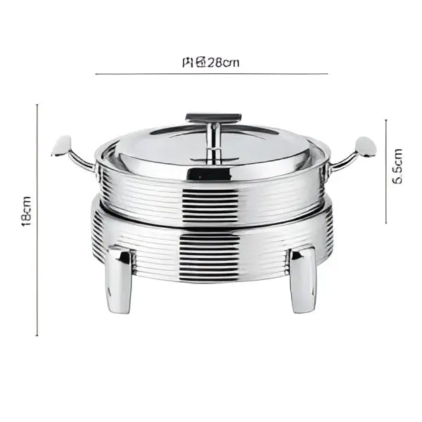 Stainless steel rose gold ribbed hot pot alcohol set chafing dish with double tiers, lid, handles, and three feet