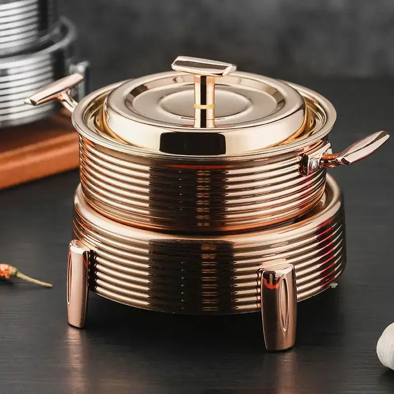 Rose gold ribbed hot pot alcohol chafing dish with matching lid and side handles for pot alcohol set dining room use