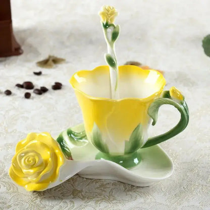 Yellow and green enamel rose peony floral ceramic teacup set with flower handle and matching saucer for dining room use