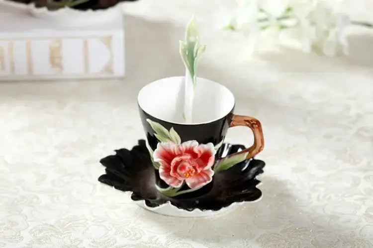 Black ceramic rose peony floral teacup set with hand-painted pink peony and scalloped enamel rose peony saucer for dining room