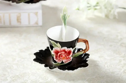 Black ceramic rose peony floral teacup set with hand-painted pink peony and scalloped enamel rose peony saucer for dining room