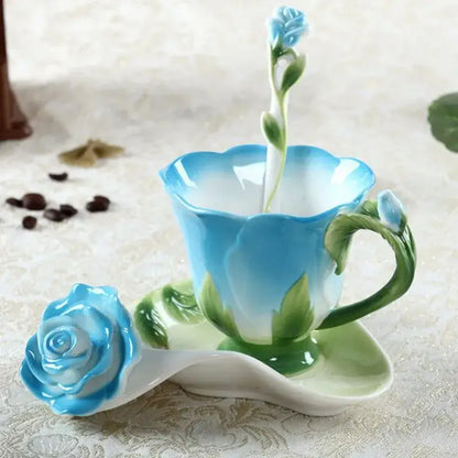 Delicate porcelain rose peony floral teacup set with blue rose design green leaf accents for dining room use