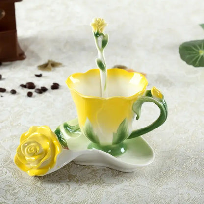 A delicate yellow and green porcelain rose peony floral teacup set with enamel rose peony spoon for dining room use