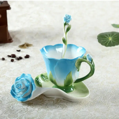 Delicate porcelain rose peony floral teacup set with light blue and green enamel rose peony spoon for dining room