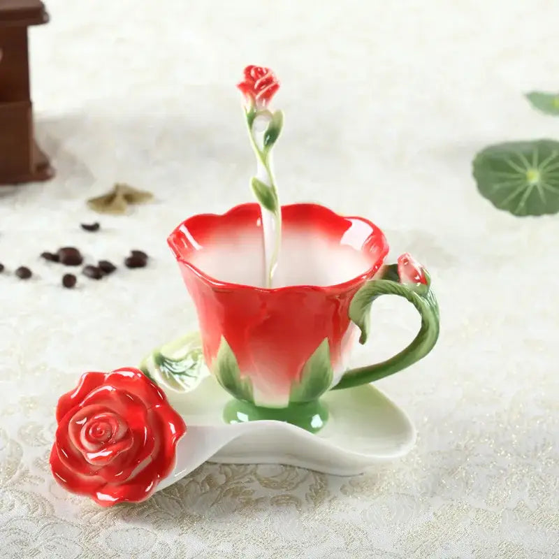 Glossy red and green enamel rose peony ceramic coffee cup with rosebud handle and matching saucer for dining room use