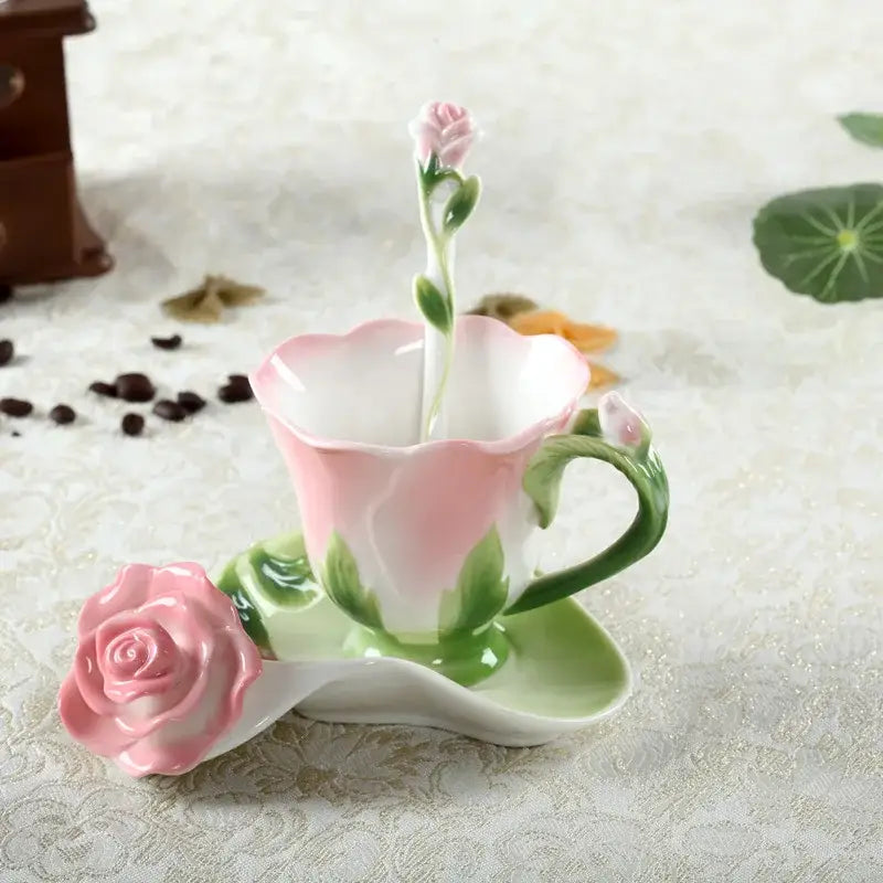 Rose peony floral ceramic teacup set with enamel rose peony design in pink and green featuring a rose-shaped spoon
