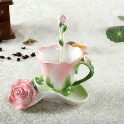 Rose peony floral ceramic teacup set with enamel rose peony design in pink and green featuring a rose-shaped spoon