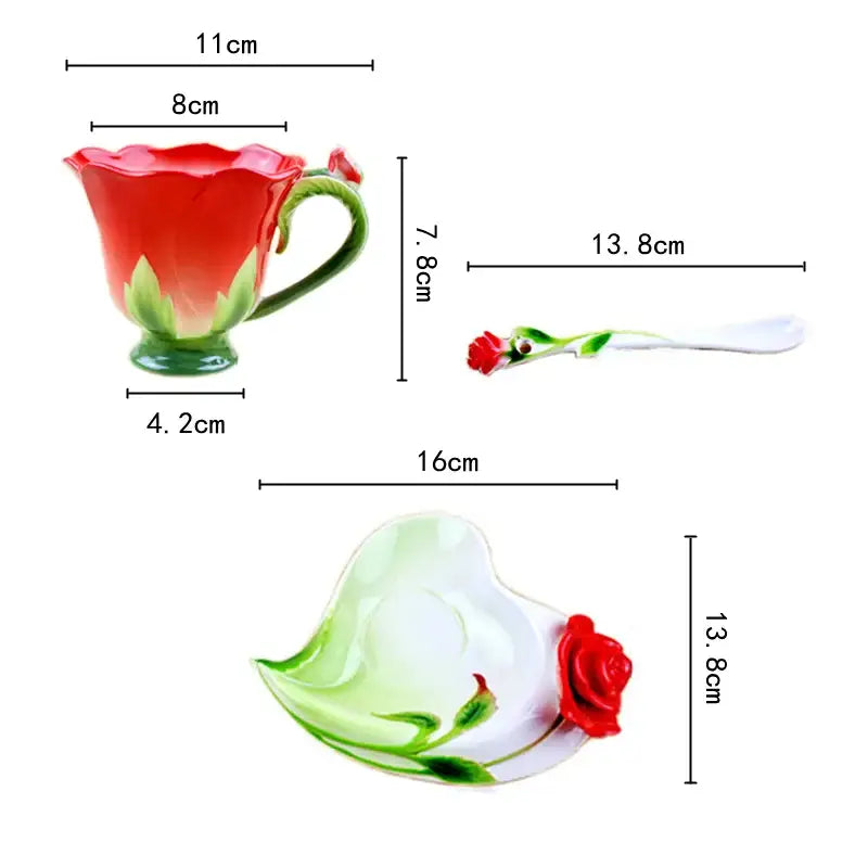 Rose peony floral ceramic teacup set with enamel rose peony design in red and green with matching saucer and spoon for dining room
