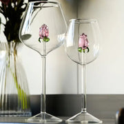 Clear glass rose stemware wine glass with delicate pink decorbites 3d rose embellishments and green stems for dining room decor