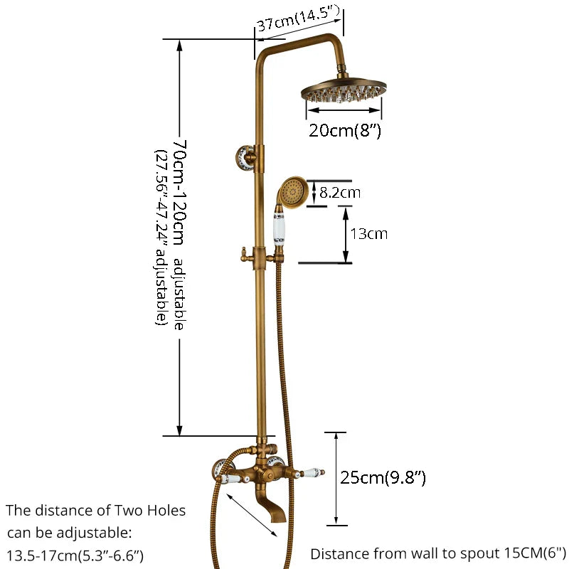 Rozin antique brass shower faucet set with 20cm rainhead handheld spray and adjustable height settings in brass finish