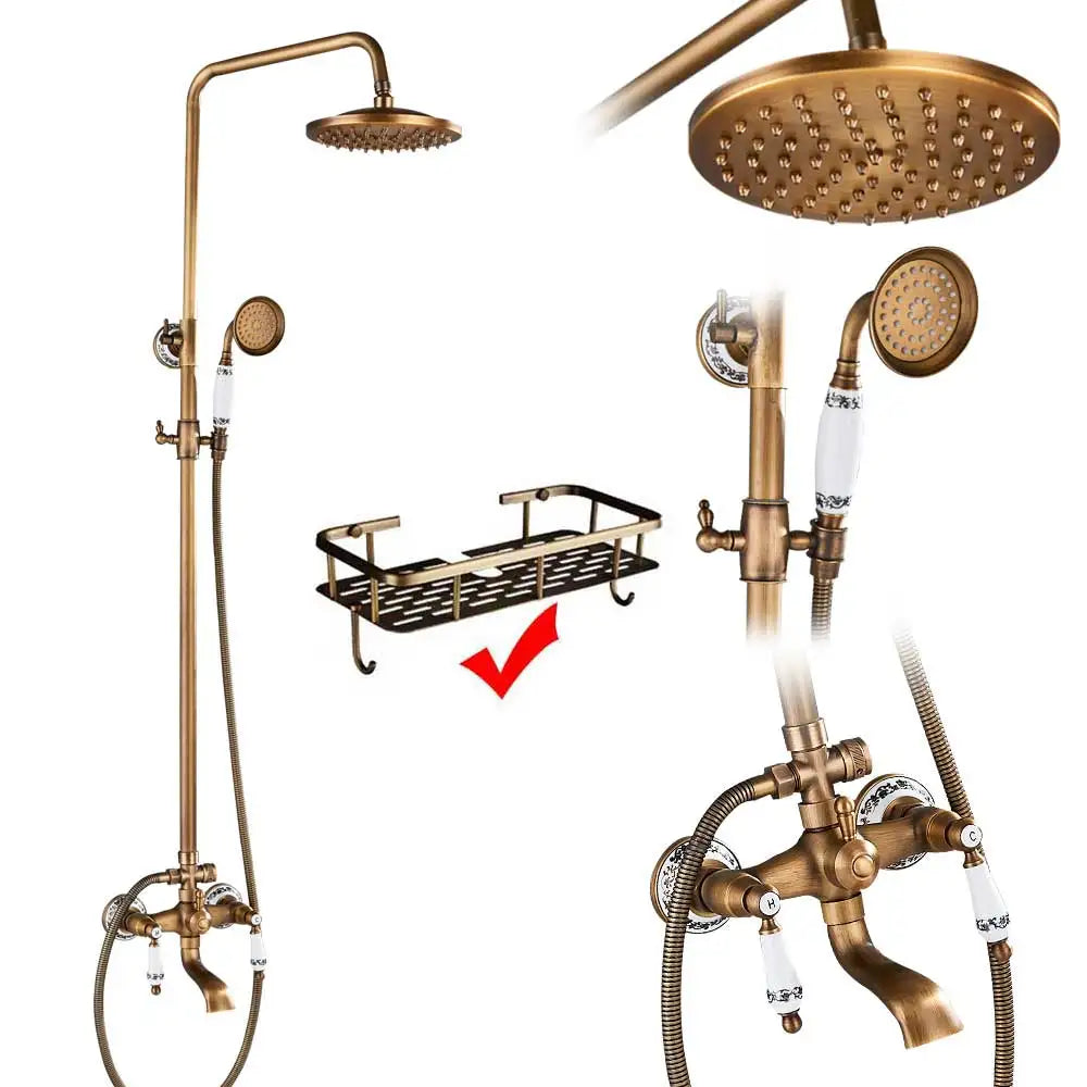 Rozin antique brass shower faucet set with ceramic valve handles and wall-mounted shelf for bathroom use