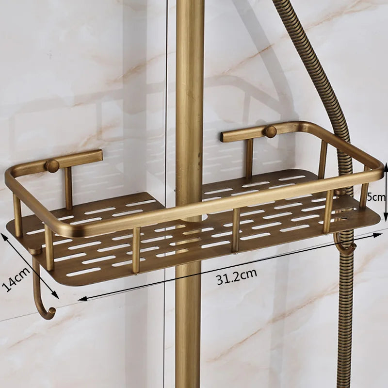 Brass-colored metal shower caddy with perforated design and curved handles for rozin antique brass shower faucet set