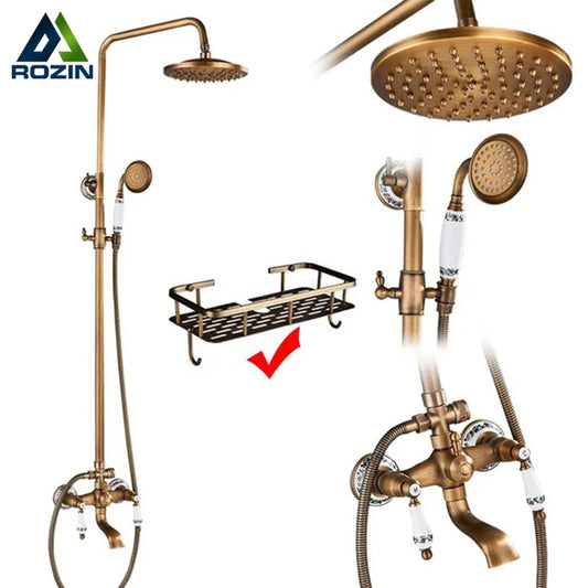 Antique brass shower faucet set rozin with fixed overhead rainhead handheld spray and white ceramic handles