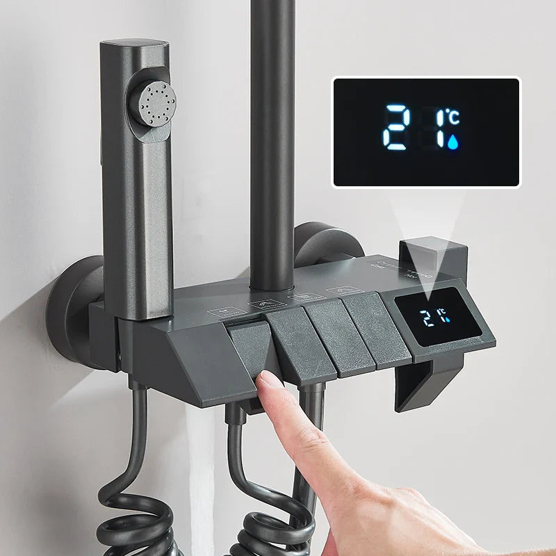 Black modern Rozin smart digital display shower control panel with tactile buttons showing 21°c temperature