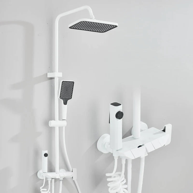 White Rozin Black smart digital display shower faucet set with square rainhead and handheld spray with black nozzles