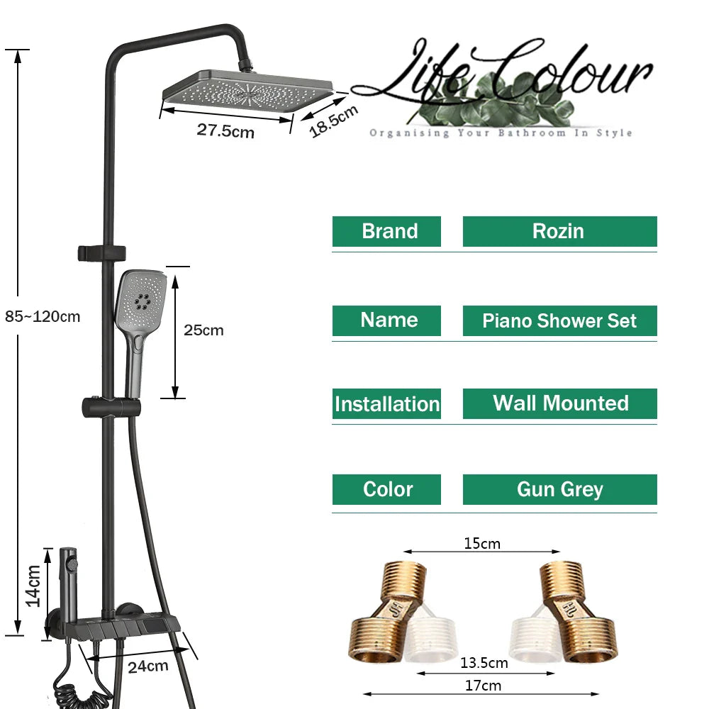 Gun grey rozin piano shower set with rectangular rain showerhead and handheld spray nozzle for bathroom use