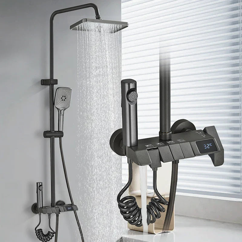 Modern black matte finish rozin shower system with digital temperature display and multiple spray heads for bathroom use