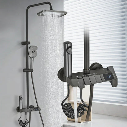 Modern black matte finish rozin shower system with digital temperature display and multiple spray heads for bathroom use