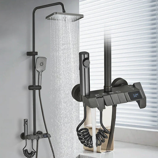 Modern black matte finish rozin shower system with digital temperature display and multiple spray heads for bathroom use