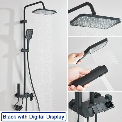 Rozin black matte shower faucet set with square rainhead handheld spray and digital temperature display for bathroom use