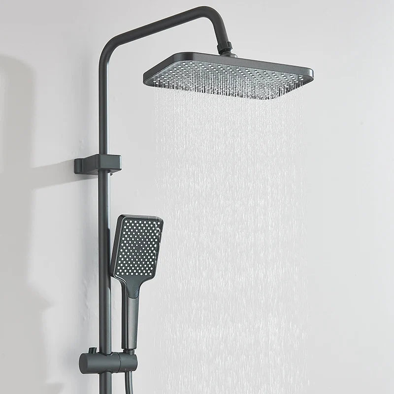 Black matte-finish rectangular rain shower head with matching handheld shower in rozin smart digital display set