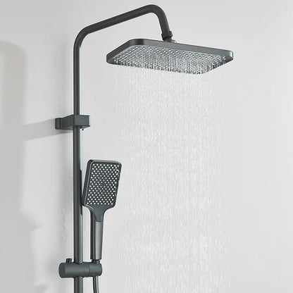 Black matte-finish rectangular rain shower head with matching handheld shower in rozin smart digital display set
