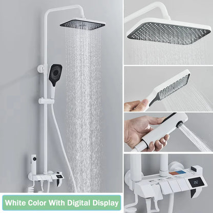 White modern shower system with square rainhead handheld spray and digital temperature display for bathroom use