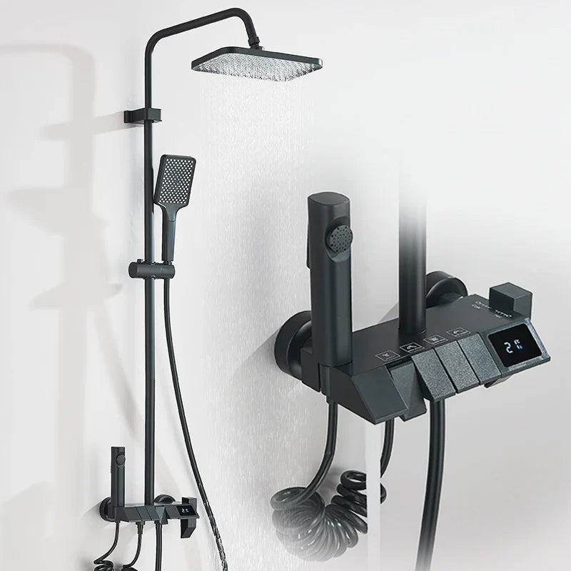 Modern rozin black matte shower system with square rainhead handheld spray and digital temperature control panel