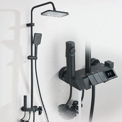Modern rozin black matte shower system with square rainhead handheld spray and digital temperature control panel