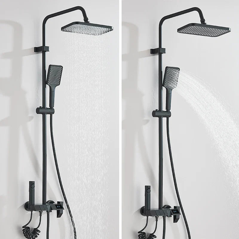 Black matte rozin smart digital display shower faucet set with rectangular rainhead and handheld spray nozzle