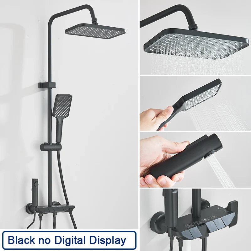 Rozin black matte shower system with square rainhead handheld spray and grey digital mixer tap for bathroom use