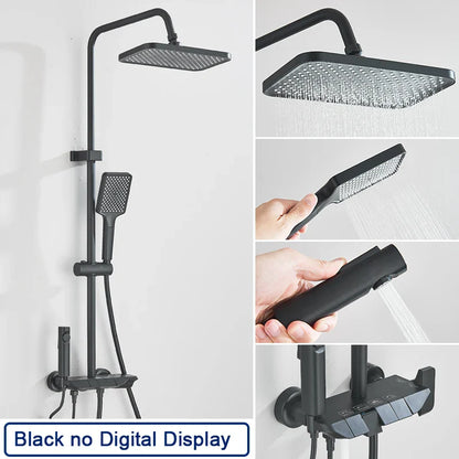 Rozin black matte shower system with square rainhead handheld spray and grey digital mixer tap for bathroom use