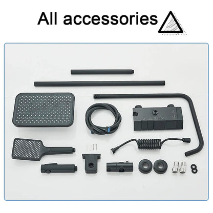 Rozin black matte finish shower faucet set with rectangular rain shower handheld spray and grey digital mixer tap