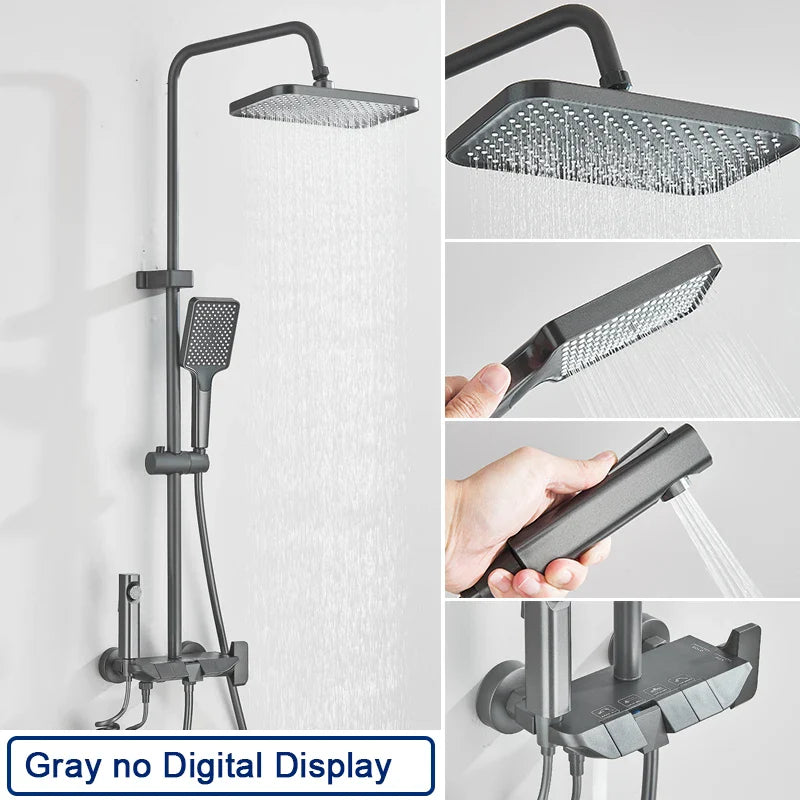 Black matte finish rozin smart digital display shower faucet set with square rainhead handheld spray and wall control panel