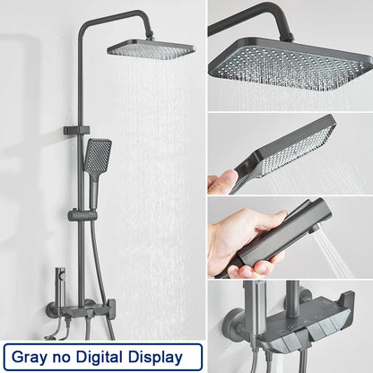 Black matte finish rozin smart digital display shower faucet set with square rainhead handheld spray and wall control panel