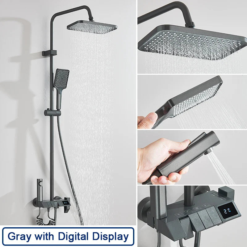 Rozin black smart digital display shower faucet set in matte finish with square rainhead and handheld spray nozzle