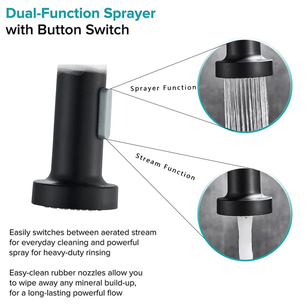 Black deck mounted dual-function spray nozzle with button switch and interchangeable nozzles for single hole kitchen faucet