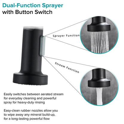 Black deck mounted dual-function spray nozzle with button switch and interchangeable nozzles for single hole kitchen faucet