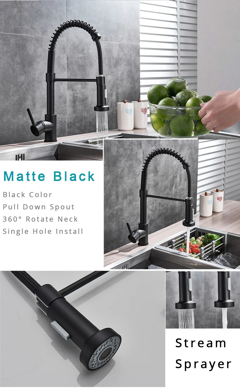 Matte black deck mounted single hole kitchen faucet with flexible coiled spout and pull-down stream sprayer head