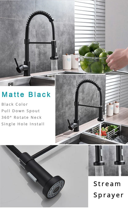 Matte black deck mounted single hole kitchen faucet with flexible coiled spout and pull-down stream sprayer head