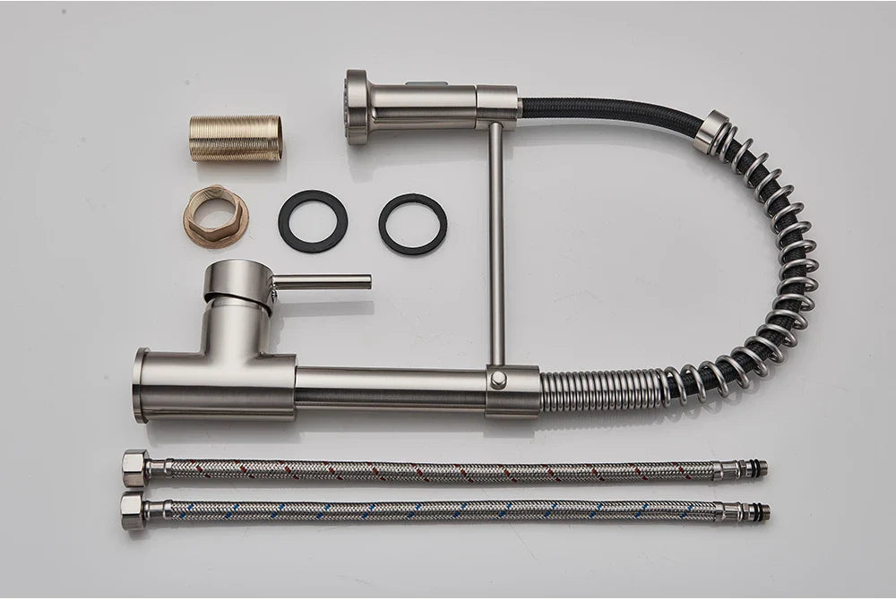 Stainless steel rozin brushed nickel deck mounted kitchen faucet with flexible coiled hose and braided supply lines single hole design