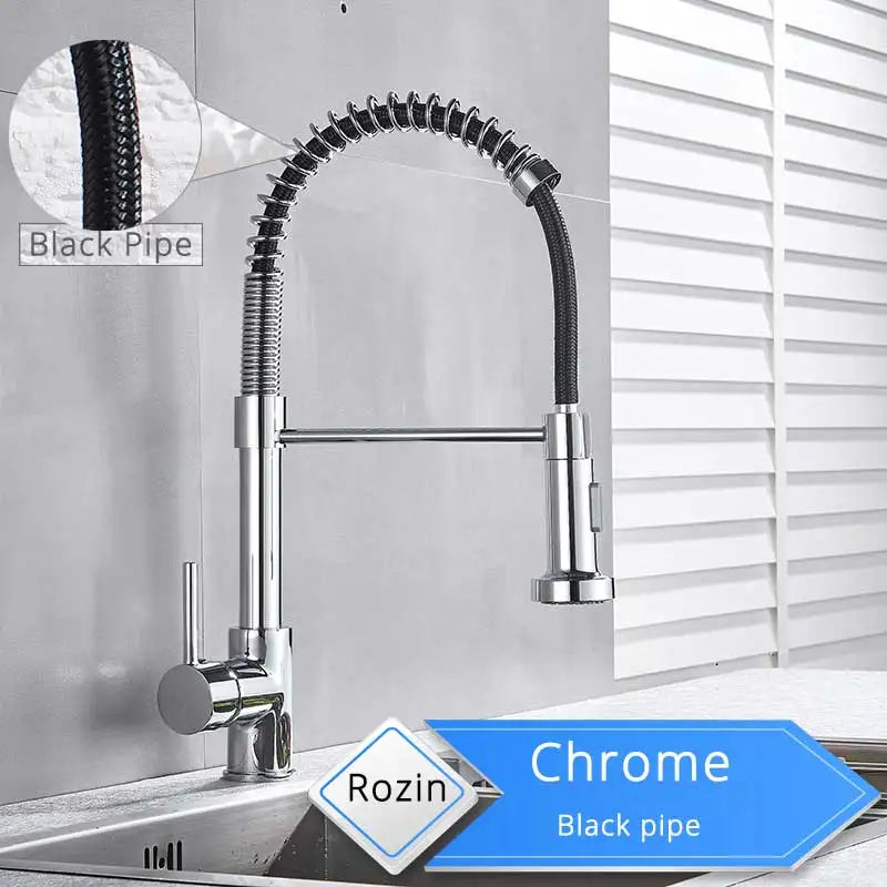 Chrome finished Rozin deck mounted kitchen faucet with single hole flexible black braided hose and pull-down spray head