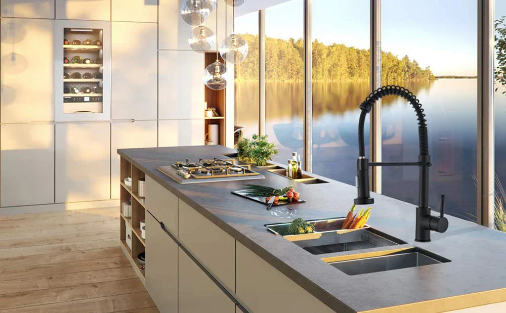 Black gooseneck deck mounted single hole kitchen faucet with sleek modern design and matte finish for hot and cold taps